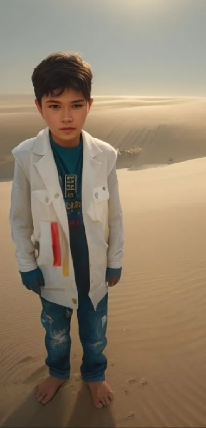 Young boy standing in serene desert landscape under soft sunlight.