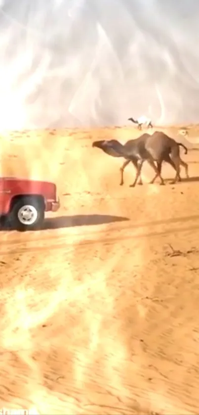 Desert scene with camels and red car under a vast sky.