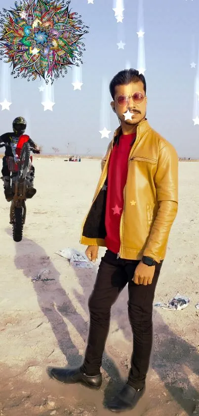 Biker and stylish man in desert under starry sky wallpaper.