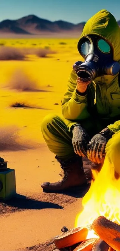 Adventurer in gas mask sits by campfire in a yellow desert landscape.