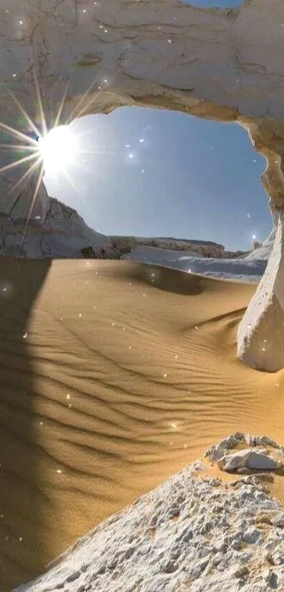 Sunlit desert arch with golden sand dunes.