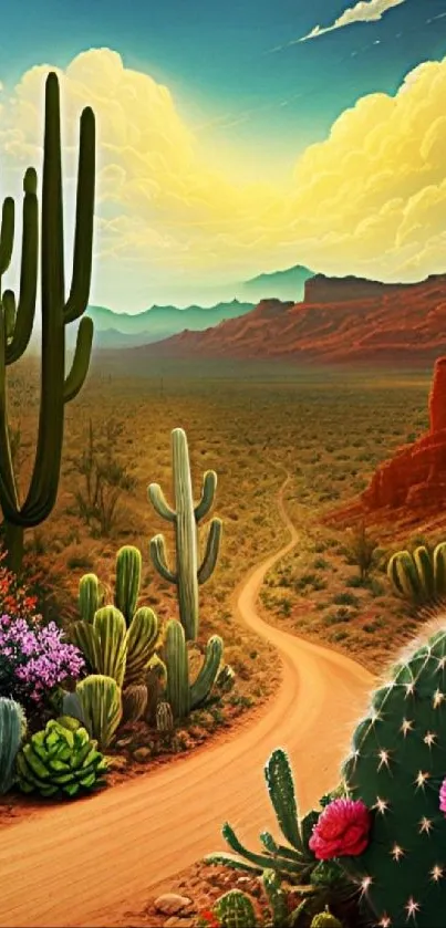 Vibrant desert scene with cacti under a colorful sky.