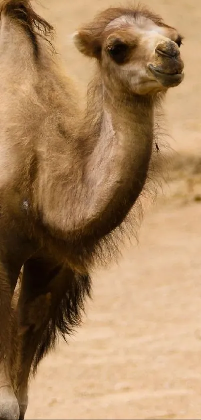 A camel stands in a sandy desert setting, captured in earthy tones.