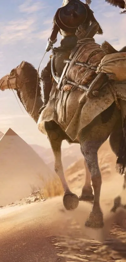 Camel rider in a vast desert near a pyramid under a clear sky.