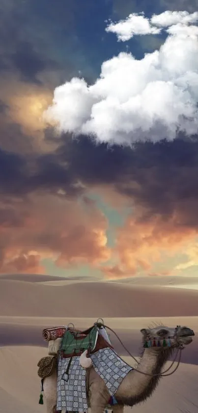 Camel traversing desert dunes under colorful clouds.