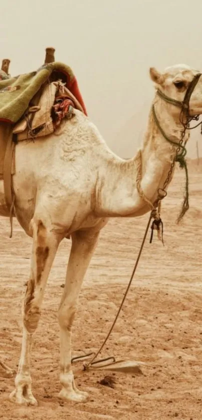 Desert camel standing on sand with a saddle.