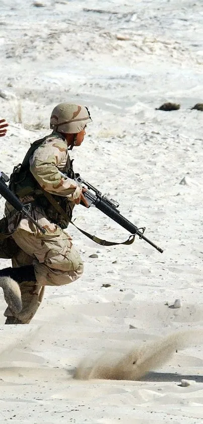 Soldiers in desert camouflage running on sand.