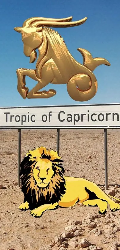 Capricorn symbol and lion in desert with blue sky.