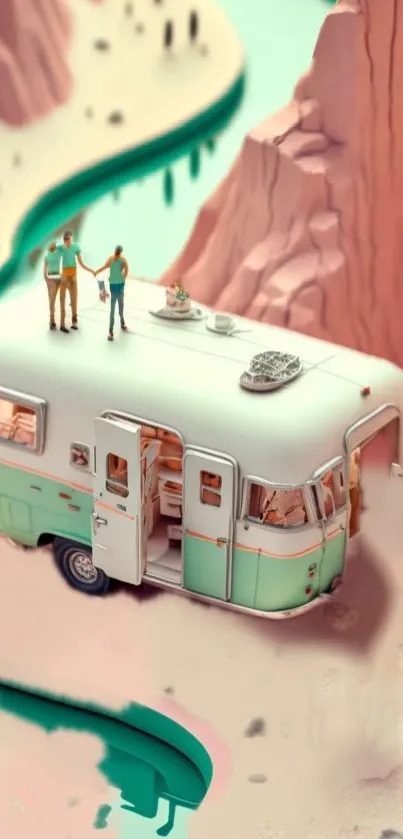 Pastel desert scene with caravan and cliffs.