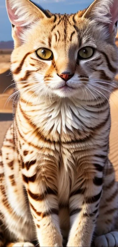 Striped cat in sand dunes with a serene desert landscape.