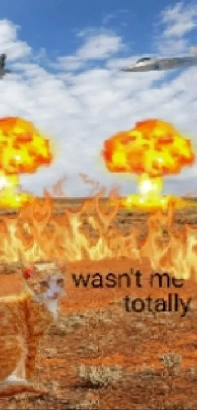 Humorous desert scene with a cat and explosions under a bright blue sky.