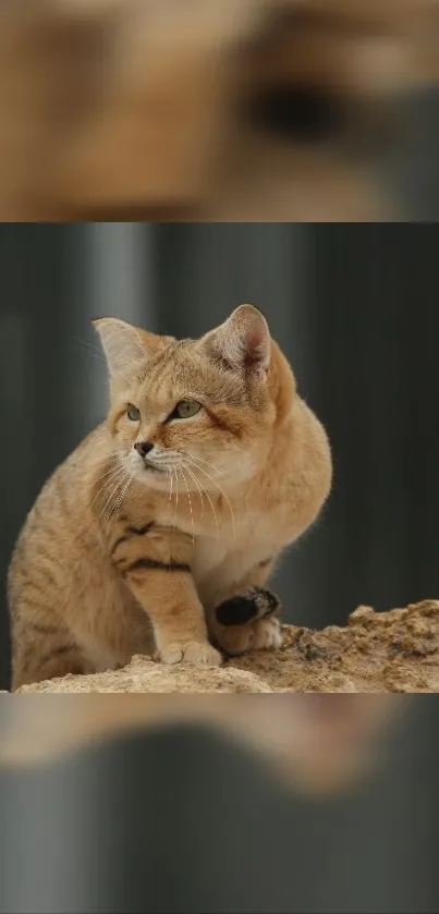 Desert cat standing on rocky terrain.