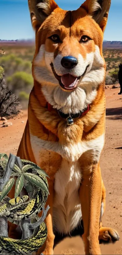 Dog and snakes in an Australian desert scene for a mobile wallpaper.