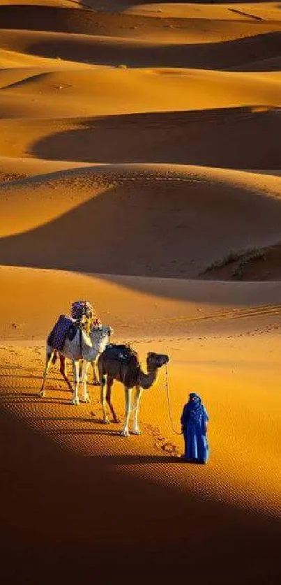 Golden desert dunes with camels in a stunning Sahara scene.