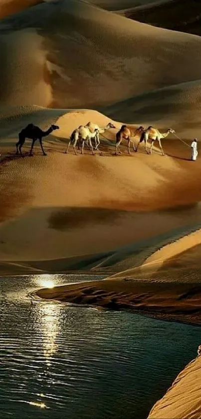 Desert dunes with camels at sunset reflecting in water.