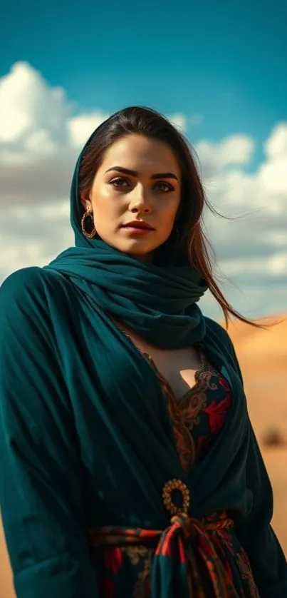 Woman in teal attire in desert landscape with blue sky.
