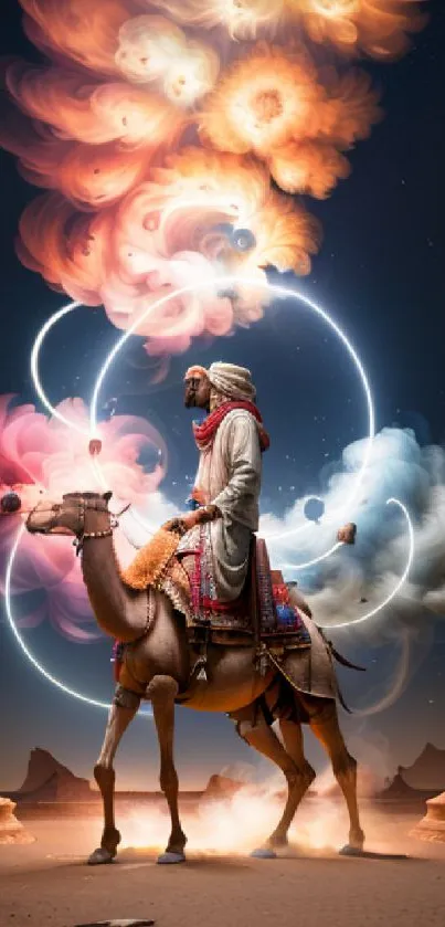 Mystical camel in desert under vibrant cosmic swirls.