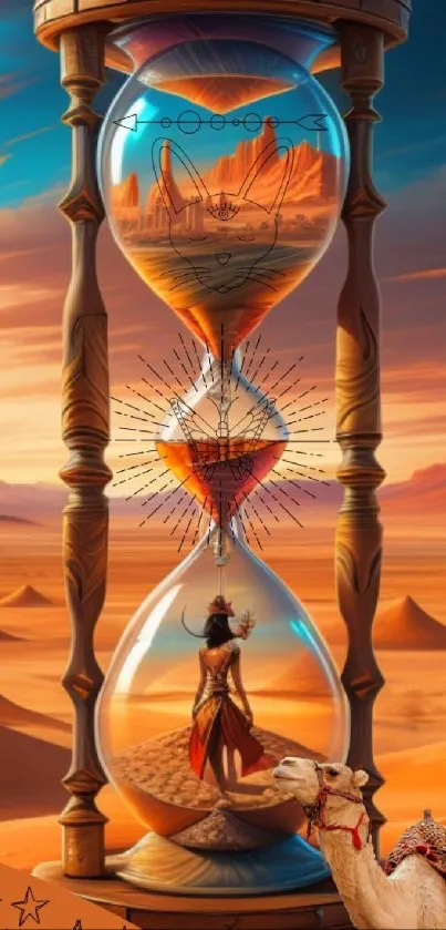 Surreal hourglass in a desert with camel, fantasy art wallpaper.