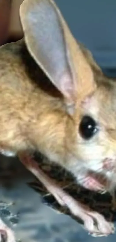 Close-up of a desert jerboa with long ears and sandy fur in natural setting.