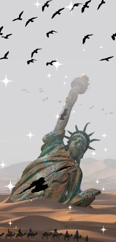 Statue of Liberty in a desert with birds and sparkles on mobile wallpaper.