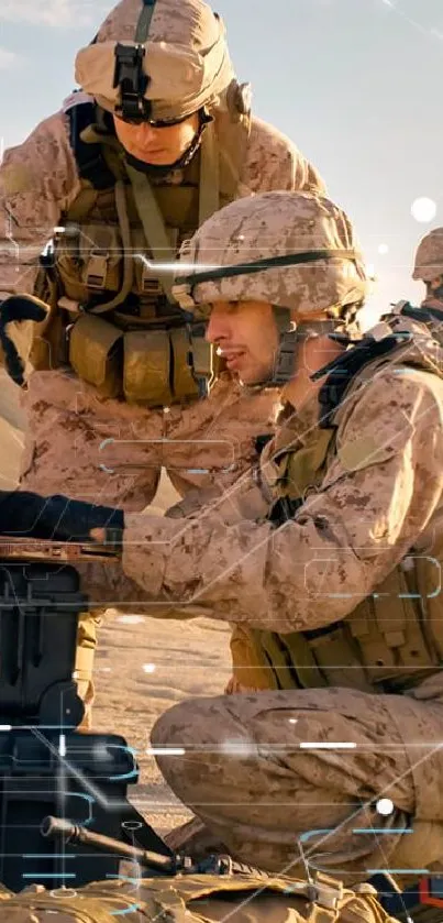 Soldiers in desert operation scene with gear and equipment.