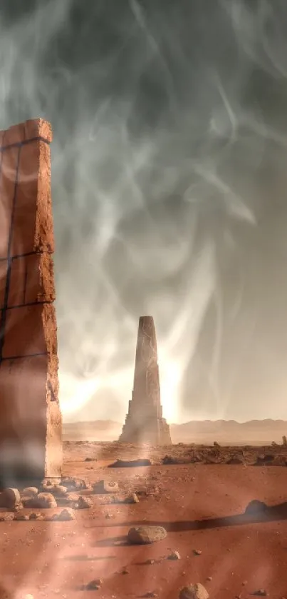 Serene desert with towering monoliths at sunset.