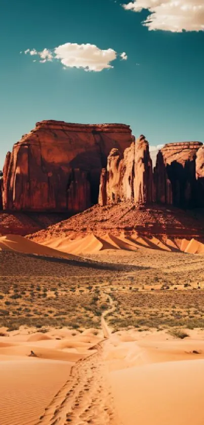 Desert landscape with golden sands and cliffs under a teal sky.