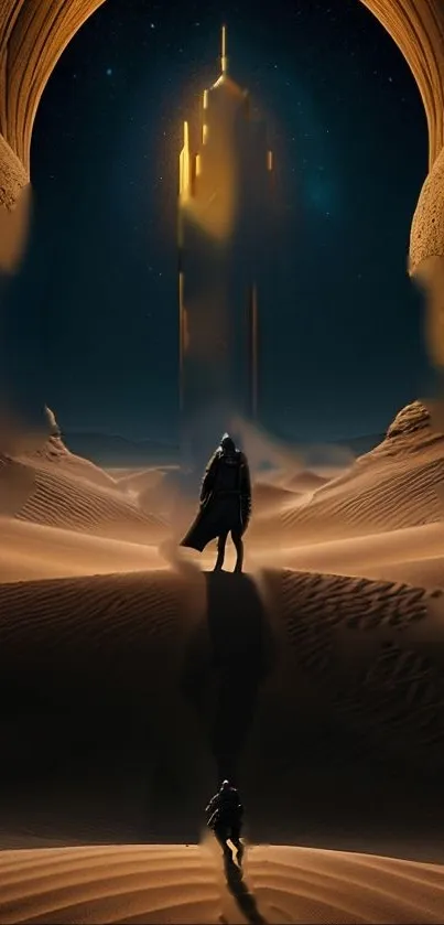 Mysterious figure in desert approaching glowing tower at night.