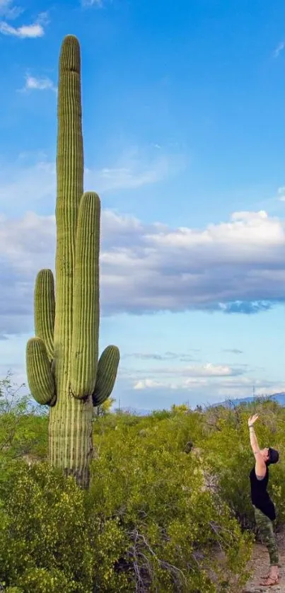 Yoga in desert landscape with cactus and blue sky backdrop.