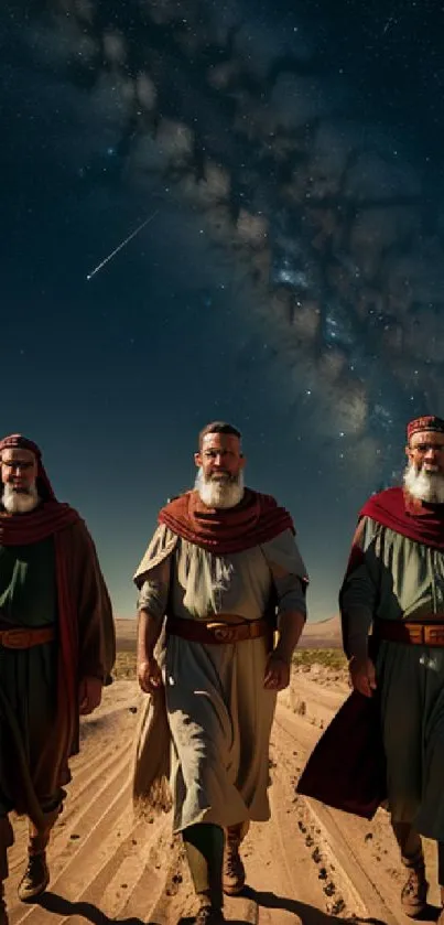 Three men walk through a desert under a starry night sky.