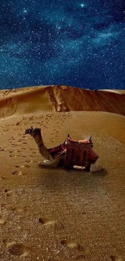 Camel resting in the sand under a vivid starry sky in the desert.