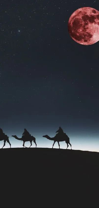 Silhouetted camels under a crescent and red moon in a desert night scene.