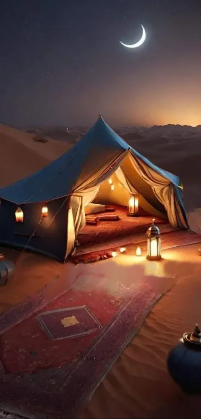 Serene desert night with a glowing tent under a crescent moon.