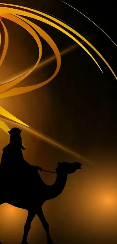 Silhouette of a rider on camel under golden abstract art with dark background.