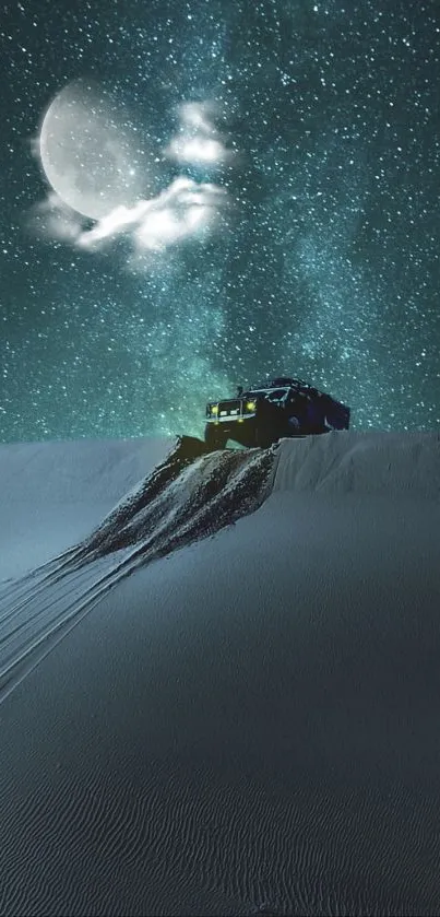 Desert dune under starry night sky with full moon.