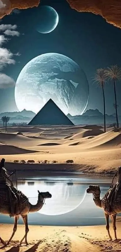 Futuristic desert scene with pyramids and camels under moonlight.