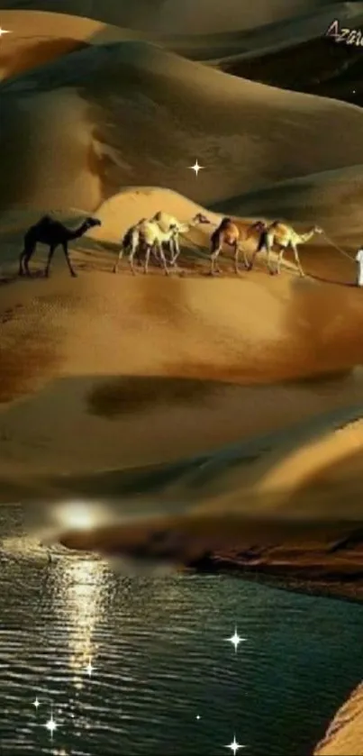 Camels crossing a desert under a starry night beside an oasis.