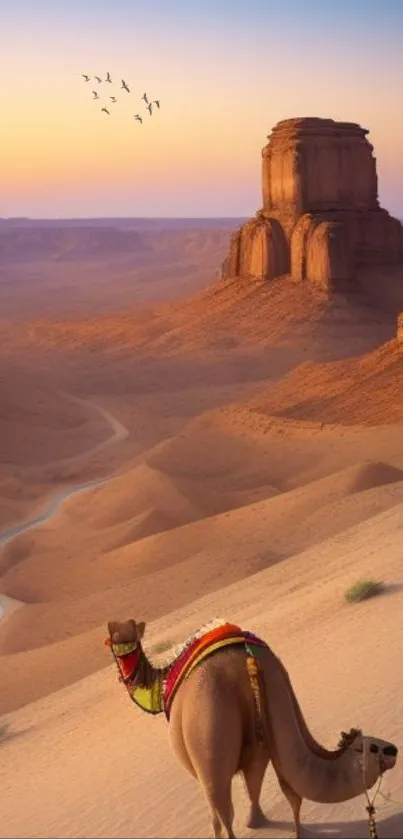 Camel in a serene desert landscape at sunrise with golden dunes.