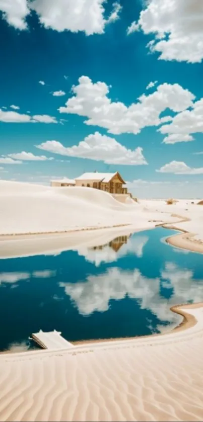 Desert oasis with blue sky and reflective water on a sandy landscape.