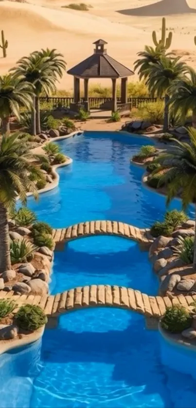 A serene desert oasis with palm trees and a tranquil blue pool.