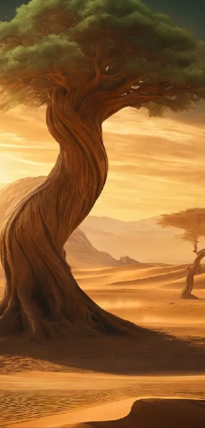 Twisted tree in a serene desert landscape under a calming sky.