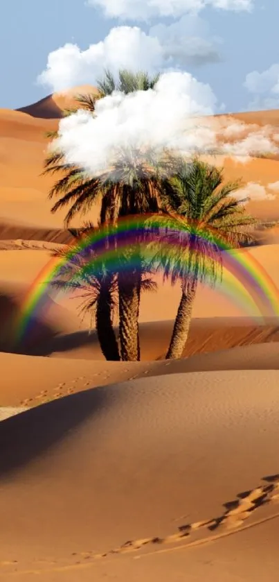 Desert oasis wallpaper with palm trees and a vibrant rainbow.