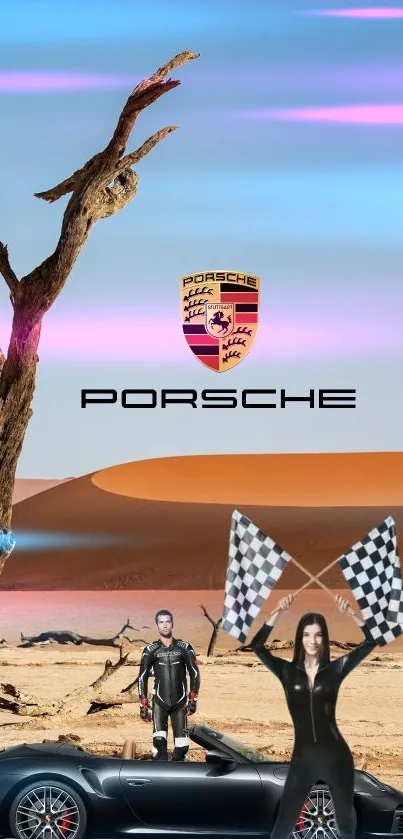 Porsche in desert landscape with racing elements.