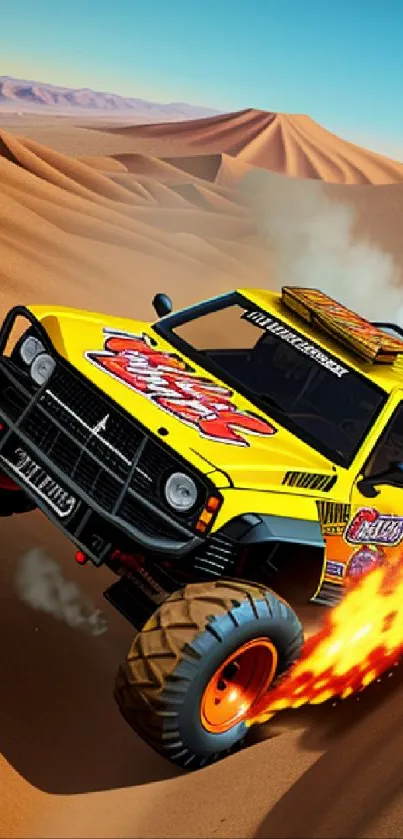 Yellow off-road car racing through desert with flames.