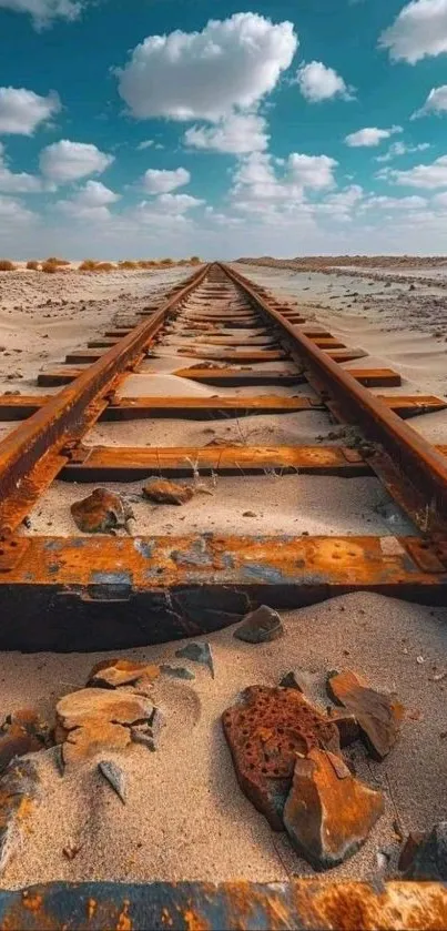 Rusty railway tracks through a vast, sandy desert under a cloudy sky.