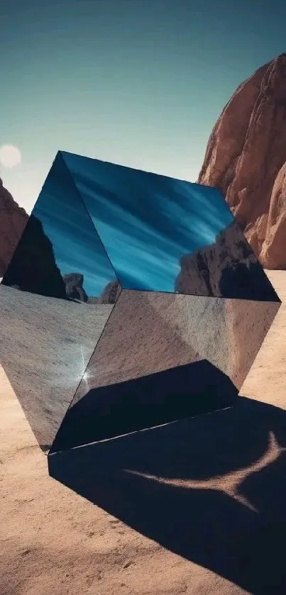 Reflective geometric art in a serene desert landscape with shadows.