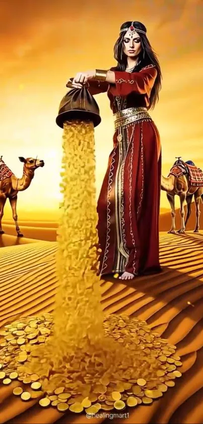 A woman pours gold coins in a desert with camels.