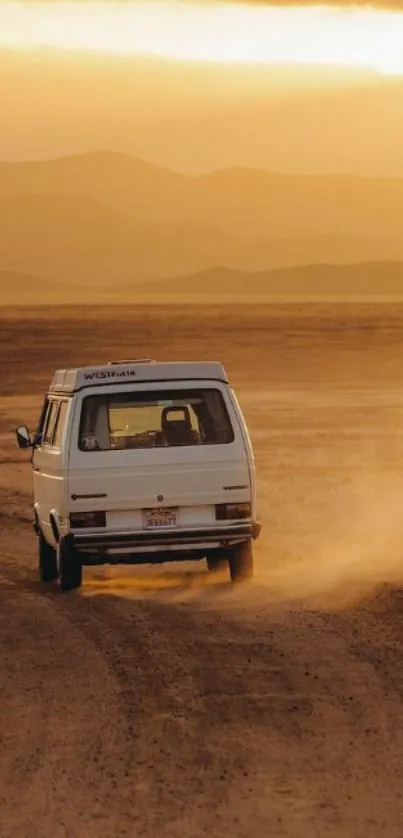 Retro van drives through golden desert landscape.