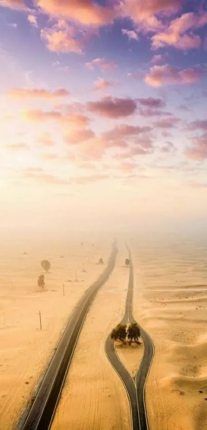 Desert highway with pink sunset sky and sand dunes.