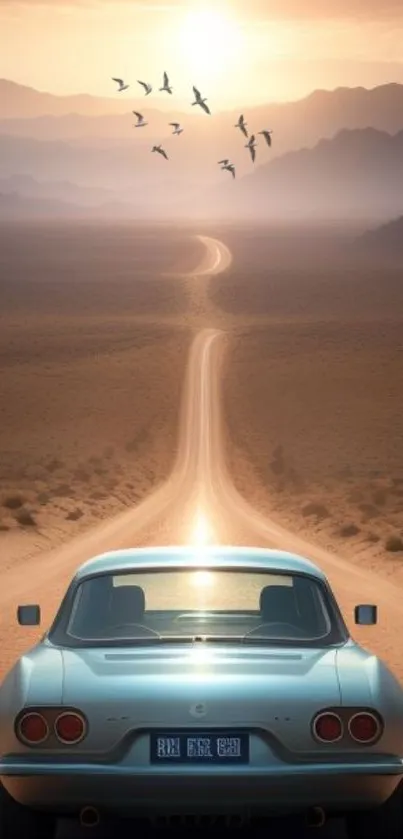 Vintage car on a desert road at sunrise with distant mountains.